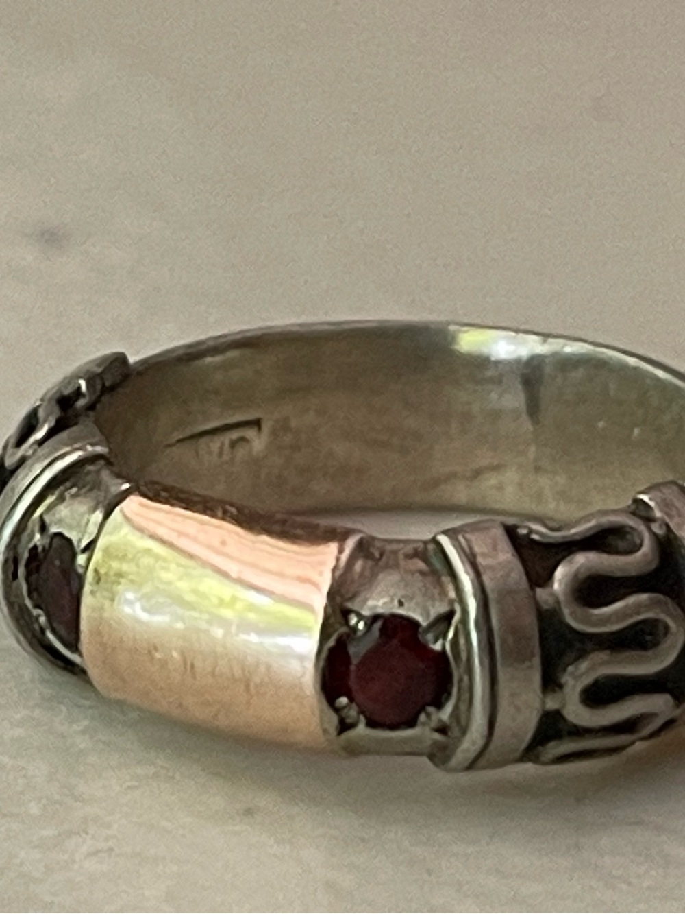 Sterling Silver Ring with 10K Gold and Red Garnet Stones